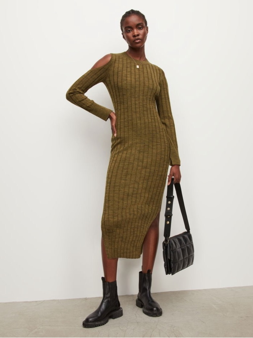 AllSaints Daina Cold Shoulder 100% Merino Wool Sweater Dress Olive Green Sz L - Picture 2 of 11